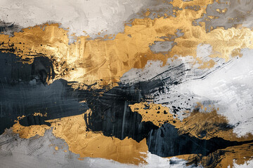 A mural that captivates the viewer, featuring an abstract oil painting with dynamic gold and black strokes, adding drama and intrigue to any space.