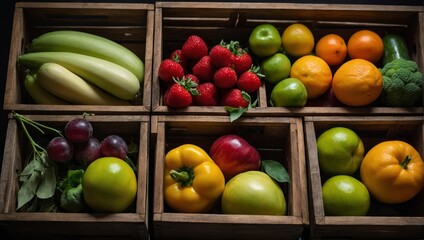 vegetables and fruits in wooden boxes
