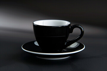A black coffee cup on a plain white saucer.