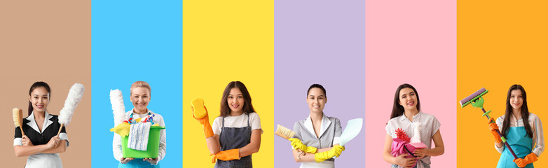 Collage of many women with cleaning supplies on color background