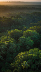 Dawn's embrace, the verdant expanse of the Amazonian jungle illuminated by the first light of day, beckoning with an adventurous spirit captured through the lens of a drone.