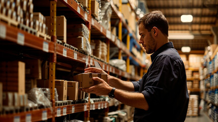 A warehouse worker in a dark shirt checks inventory on the shelves