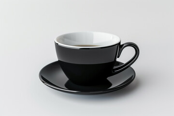 A black coffee cup on a plain white saucer.