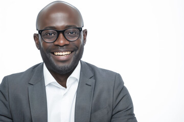 Portrait of a cheerful african american businessman in glasses, smiling at the camera, wearing a gray suit against a white background, exuding confidence and professionalism