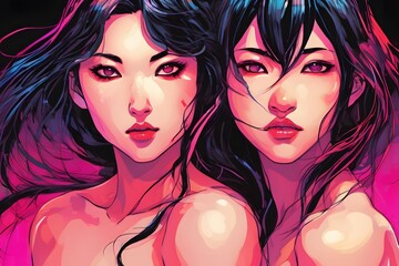 Obraz premium An enchanting cartoon depicts two women, their bodies intertwined in a passionate embrace. Vibrant colors and whimsical details create a dreamlike, romantic atmosphere.