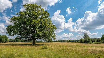 Obraz premium Lonely green oak tree in forest meadow