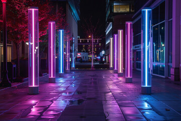 A nighttime photograph showcasing a neon tube installation lighting up a city street.