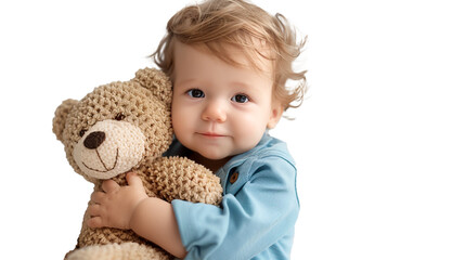 Cute baby boy with a teddy bear isolated on transparent background. 