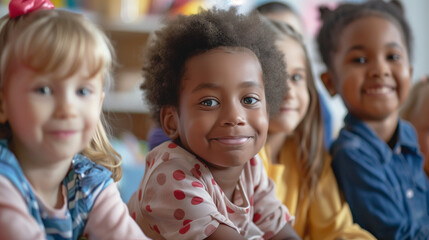 A diverse group of adorable kindergarten children in the classroom come together for creative...