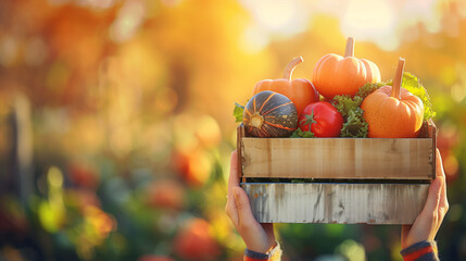 
Hands holding wooden box with harvest vegetables on blurred green farm field background, with copy space, banner for October festivals, thanksgiving, harvest moon.