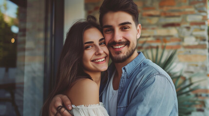 Happy young couple standing in front of their new house, concept of real estate, house sale, with copy space