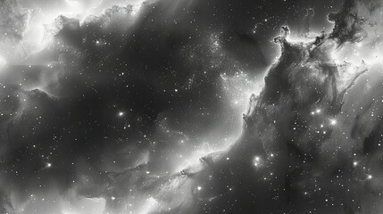   A black and white photo captures a vast star cluster, centered amidst a sea of stars in the midnight sky