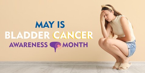 Banner with young woman feeling discomfort and text MAY IS BLADDER CANCER AWARENESS MONTH