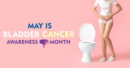 Young woman feeling discomfort near toilet bowl on pink background. Bladder Cancer Awareness Month
