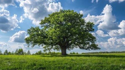 Obraz premium Lonely green oak tree in forest meadow