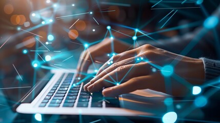 Close-up of hands typing on a laptop keyboard with glowing digital network connections.