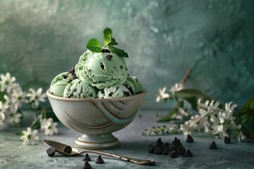A bowl of mint ice cream with a green leaf on top. The bowl is on a table with a spoon next to it