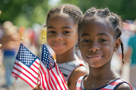 Two young African American children are holding a red and white American flag - Powered by Adobe