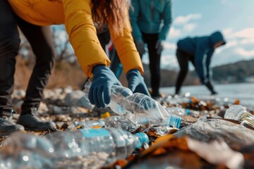 Volunteers are picking up plastic bottles from a beach.