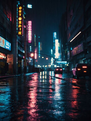 Dystopian cyberpunk city at night, an atmospheric illustration of rain-drenched streets in a futuristic metropolis, evoking a sense of solitude and desolation in K detail