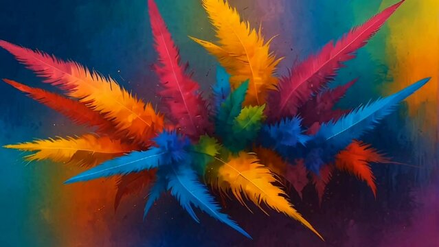 Multicolored long feathers exploding on a multicolored background with a rainbow gradient, suitable for use in design, art and creative projects. HD format. AI, generation