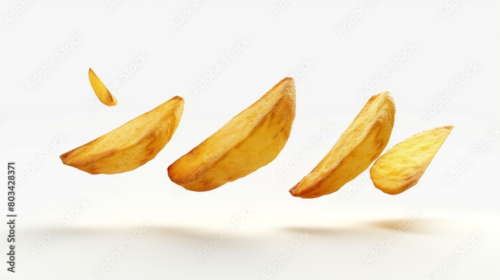 Wall mural crispy golden potato wedges suspended in mid-air against a white background, depicting motion.