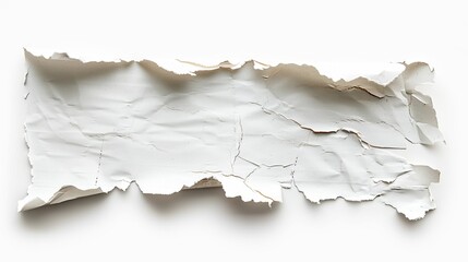 A textured piece of torn white paper with irregular edges and creases, isolated on a white background.