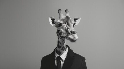 A surreal black-and-white image of a giraffe wearing a classic business suit.