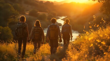 Hiking in the Warm Sunset Light with Friends