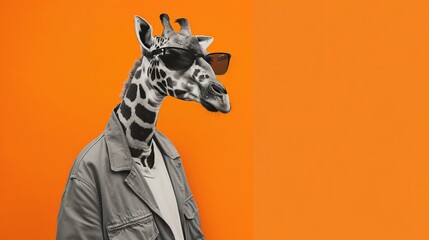A quirky image of a giraffe wearing sunglasses and a leather jacket against an orange background.