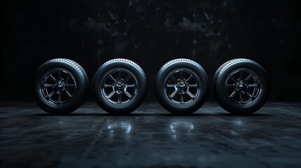 A set of four shiny car tires and wheels displayed on a reflective floor against a dark, textured wall.