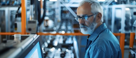 Illustration of a thoughtful middle-aged engineer monitors and analyzes conditions in a modern electronics factory with an automated robot working with the help of artificial intelligence software.