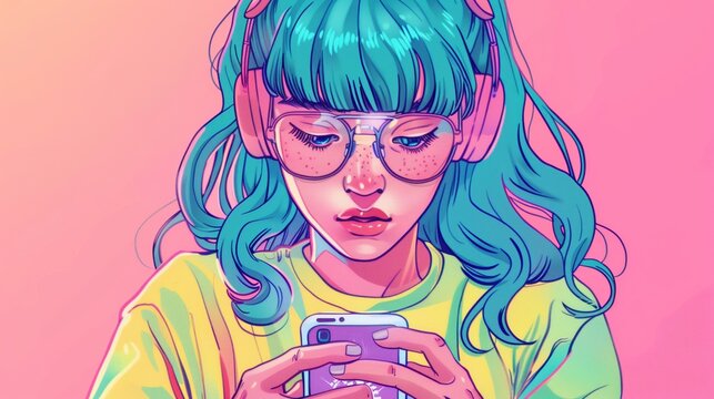 Vibrant illustration of a young woman with blue hair and glasses, focused on her smartphone.