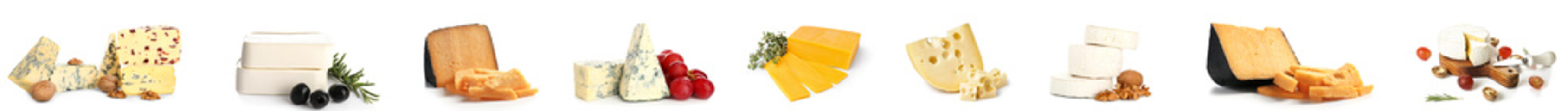 Set of tasty cheeses on white background