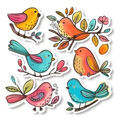 Set of watercolor bird stickers, featuring cute and colorful bird illustrations, ideal for nature-themed designs.