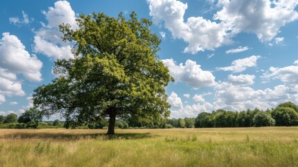 Obraz premium Lonely green oak tree in forest meadow