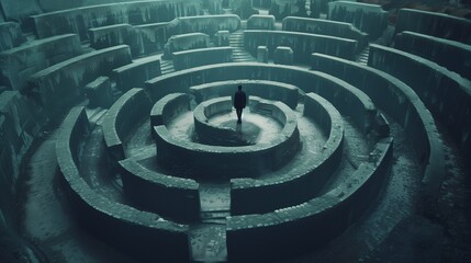 A mysterious cloaked figure stands at the center of a dark, moody labyrinth in a foggy atmosphere.
