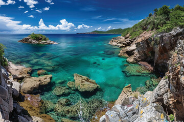 Fototapeta premium A panoramic photograph capturing the pristine beauty of Heart Island's coastline.