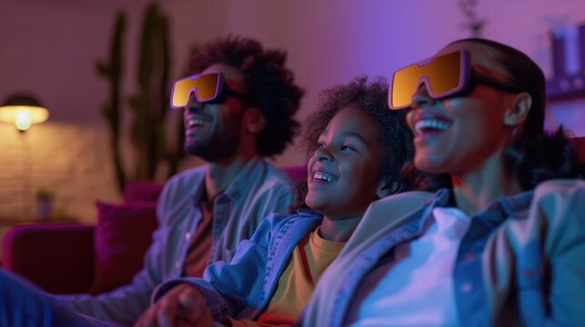 Group of happy people sharing time together while using VR headsets and watching movie together. LOvely family spending time together while wearing visual reality goggles. Recreation concept. AIG42.