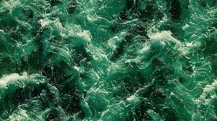   The image depicts a vast expanse of water, with abundant green sea foam scattered across its surface, and minute white dots peppering the top layer
