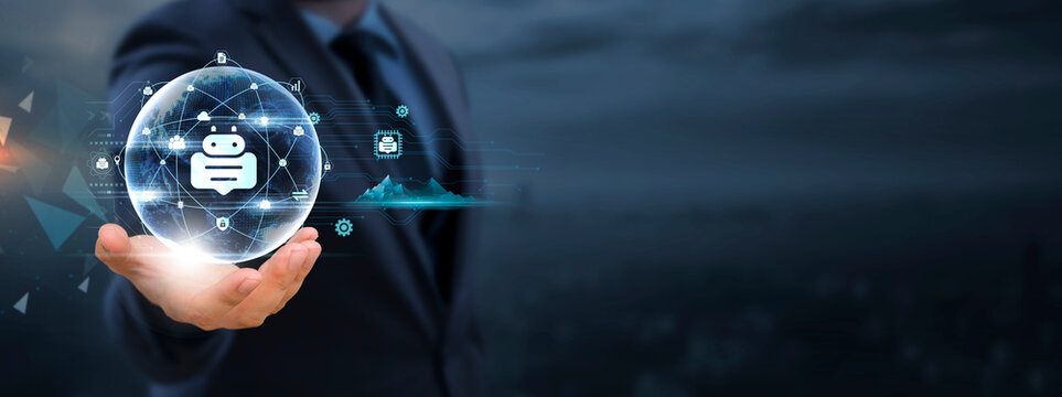 Chatbots: Businessman hold global business globe with network connected to Chatbot Technology, Artificial Intelligence, Customer Service Automation.