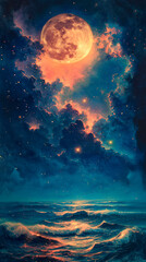 Ethereal Moonlit Seascape with Fiery Clouds and Waves