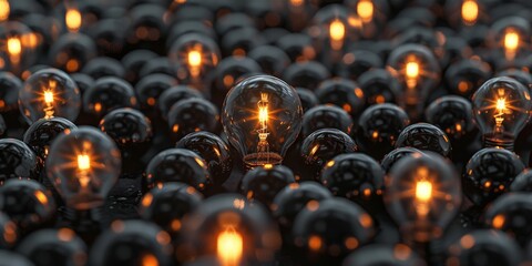 A large number of light bulbs, all black with one glowing bulb in the center Generative AI