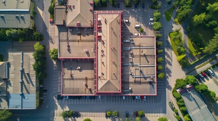 Aerial view of a commercial building with a distinctive red roof, surrounded by a parking lot and greenery.