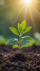 Embracing new energy with a young plant in morning light, fostering agriculture and eco living.