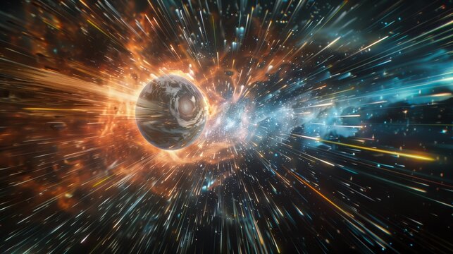 Dramatic cosmic scene with a planet and exploding stars in a vibrant galaxy.