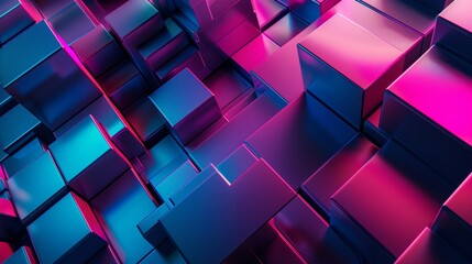 Abstract image of a 3D geometric pattern with pink and blue neon lighting across multiple blocks.