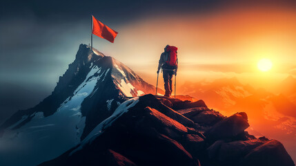 Hiker man heading to mountain top where there is a flag on top.