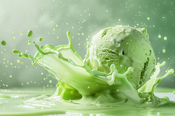 A perfectly levitating scoop of green ice cream, frozen in time along with a beautifully shaped splash.