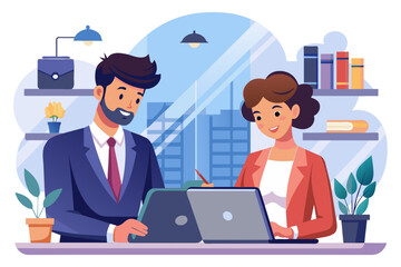 laptop woman business computer smartphone mobile phone office businesswoman teamwork businessman man couple team together partner love modern flat design simple vector illustration isolated
